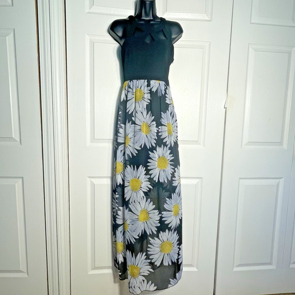 Vintage Ruby Rox Dress Women Small Black Daisies Sleeveless Flowy Maxi Cutouts - Picture 1 of 14